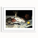 Abstract art print featuring swirling blue and white patterns on a framed poster, ideal for dining room decor.