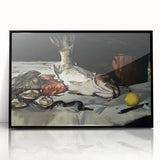 Large abstract wall art featuring overlapping geometric shapes in muted earth tones, framed in black acrylic.