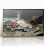 Framed acrylic print of mid-century modernist dishes in gold and black, ideal for modern kitchen decor.