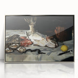 Mid-century modernist art featuring three stylized dishes in muted earth tones, acrylic print in a silver frame.