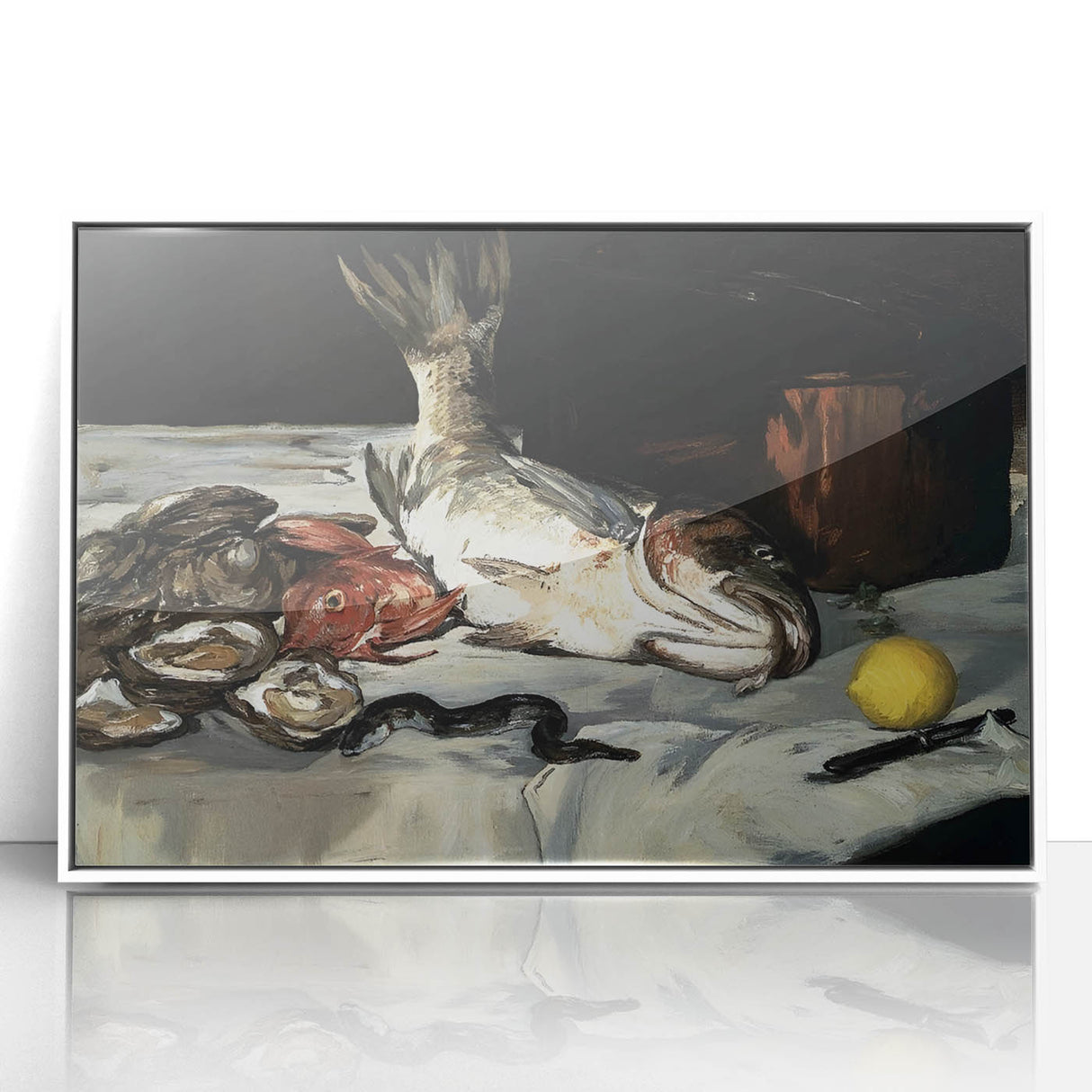 Art deco poster featuring three stylized dishes in monochrome, framed in white acrylic.
