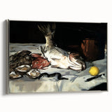 Landscape art painting featuring colorful dishes on a black background, presented in a silver-framed canvas.
