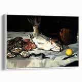 Vintage poster art of colorful dishes on a white framed canvas, ideal for extra large living room wall decor.