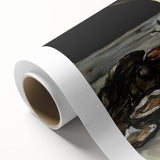 Art deco poster featuring three abstract dishes in muted gold and black on rolled canvas, ideal for dining room art wall.