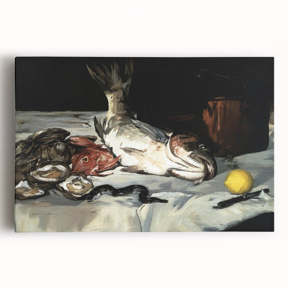 Large black and white canvas featuring an array of abstract dishes, ideal for kitchen wall art.