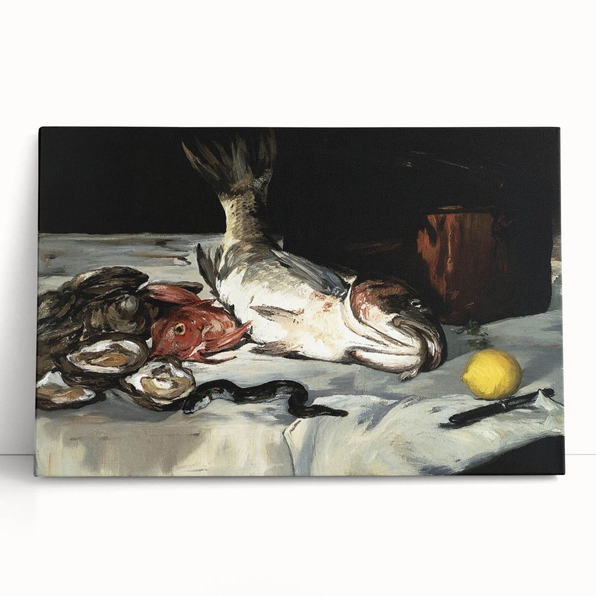 Black and white photo of stacked dishes on a large stretched canvas, ideal for kitchen wall art.