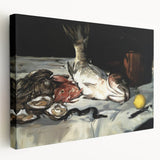 A large stretched canvas featuring a series of colorful abstract dishes, ideal for kitchen wall art.