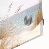 Large abstract wall art in acrylic glass with mid-century modernist style, featuring earthy and blue tones.