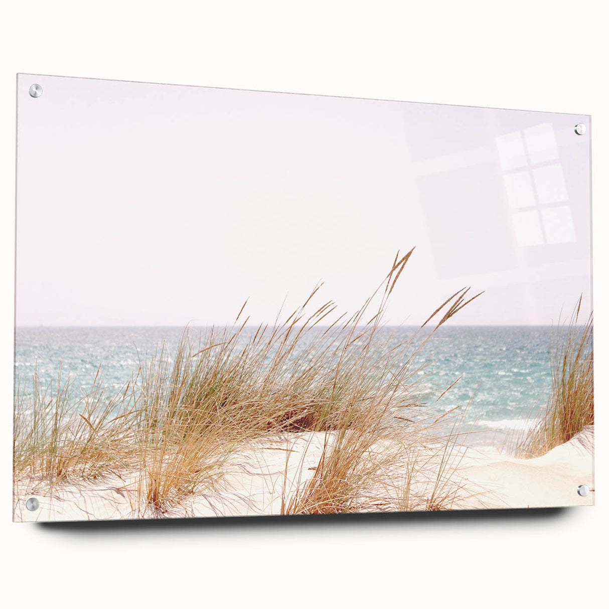 Large abstract wall art on acrylic glass, featuring sweeping blue and white strokes.