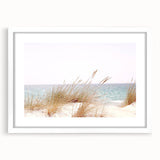 Abstract art print featuring swirling blue and white patterns on a framed canvas, suitable for dining room or bedroom decor.