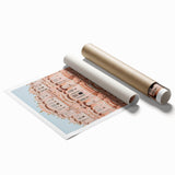 Rolled art print showcasing a vibrant landscape of a majestic castle surrounded by lush greenery, elegantly packaged in a durable cardboard tube for optimal protection.