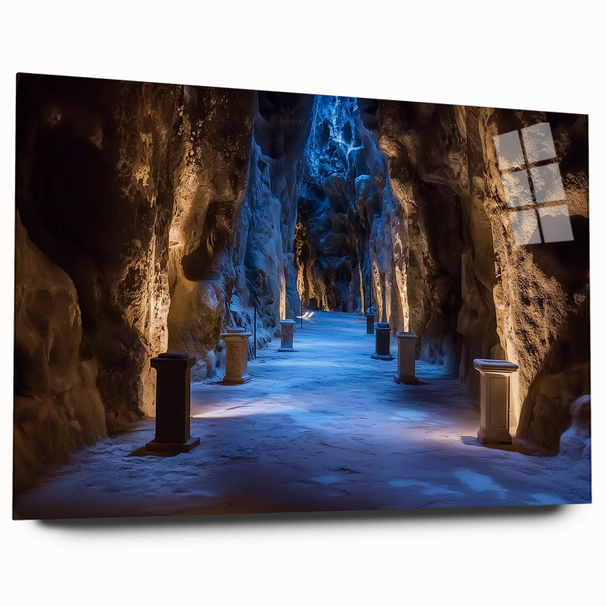 Acrylic glass landscape artwork depicting vibrant caves in earthy tones, displayed from a side view. Ideal for modern home decor, showcasing stunning natural beauty.