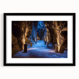 Framed landscape artwork depicting a serene cave scene, featuring a sleek black frame with a white mat, ideal for modern home decor. This piece enhances any room with its captivating natural beauty and elegant presentation.