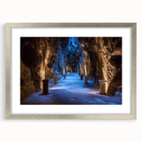 Framed landscape artwork depicting serene caves, set in a sleek silver frame with a white mat, ideal for enhancing modern decor and art collections.