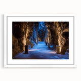 Framed landscape artwork showcasing a serene cave scene, featuring a white mat and a sleek black frame, ideal for modern home decor.