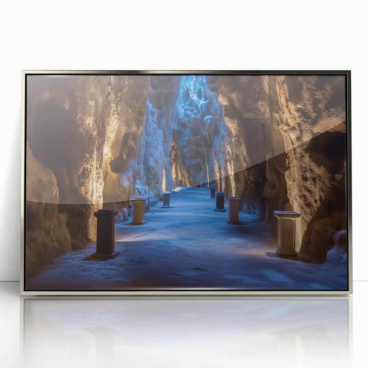 Framed acrylic artwork depicting a serene landscape with intricate cave formations, featuring silver accents and a contemporary design ideal for modern decor.