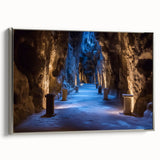 Framed canvas artwork titled "Design 30 Landscapes Caves," showcasing intricate cave landscapes in muted tones, with a sleek silver frame enhancing its aesthetic appeal. Ideal for modern home decor enthusiasts seeking unique wall art.