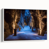 Framed canvas artwork depicting a serene landscape scene with caves, featuring vibrant colors and intricate details, set against a white background for a modern aesthetic. This piece enhances any living space with its captivating visuals and artistic appeal.