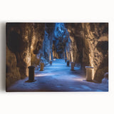 Stretched canvas artwork depicting a serene landscape with caves, showcasing earthy tones and intricate details, perfect for enhancing home decor.
