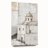 Abstract architectural wall art design printed on acrylic glass, showcasing vibrant colors and geometric patterns with visible mounting pins for display.