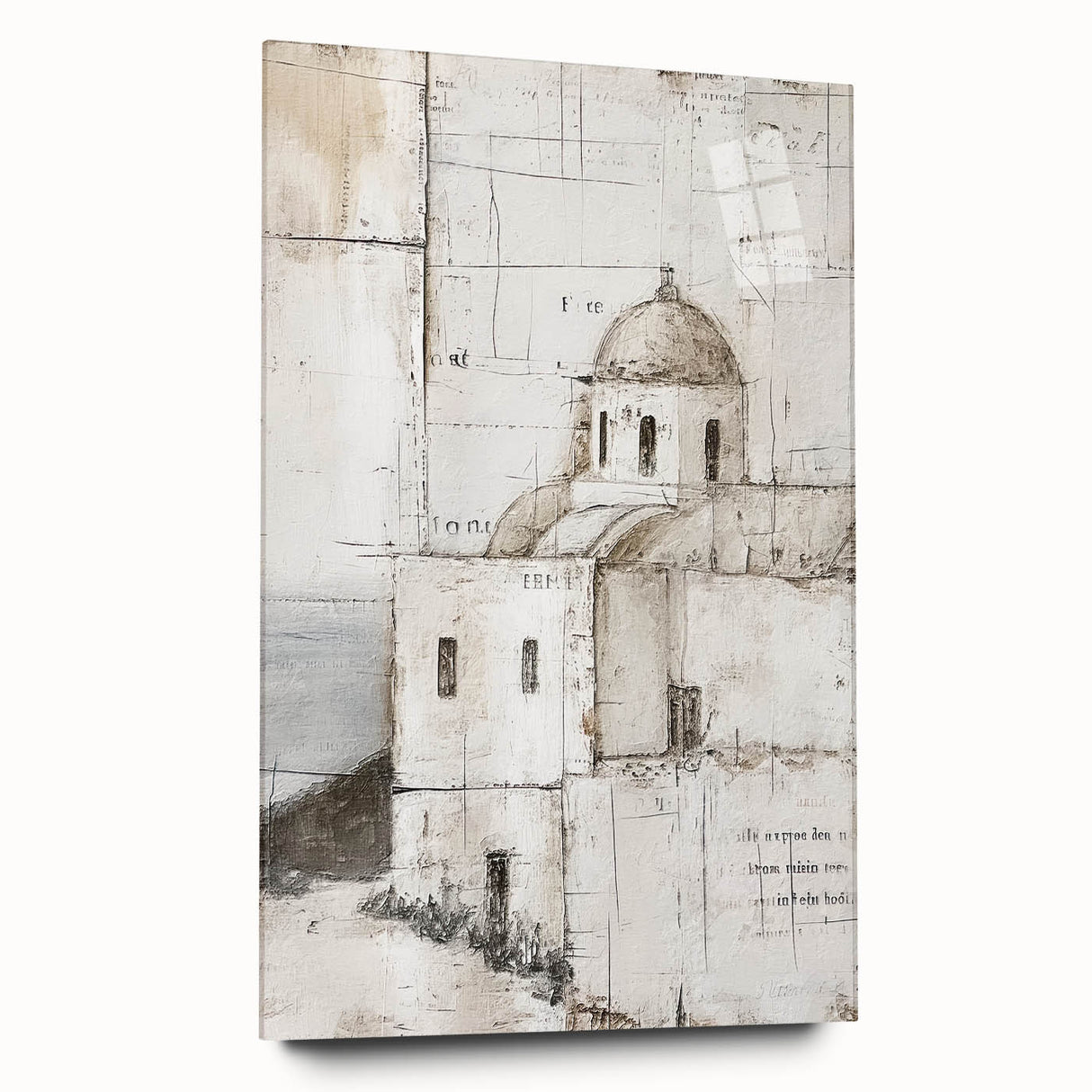 Abstract architectural wall art displayed in a side view, showcasing vibrant colors and unique geometric patterns on acrylic glass, perfect for modern decor.