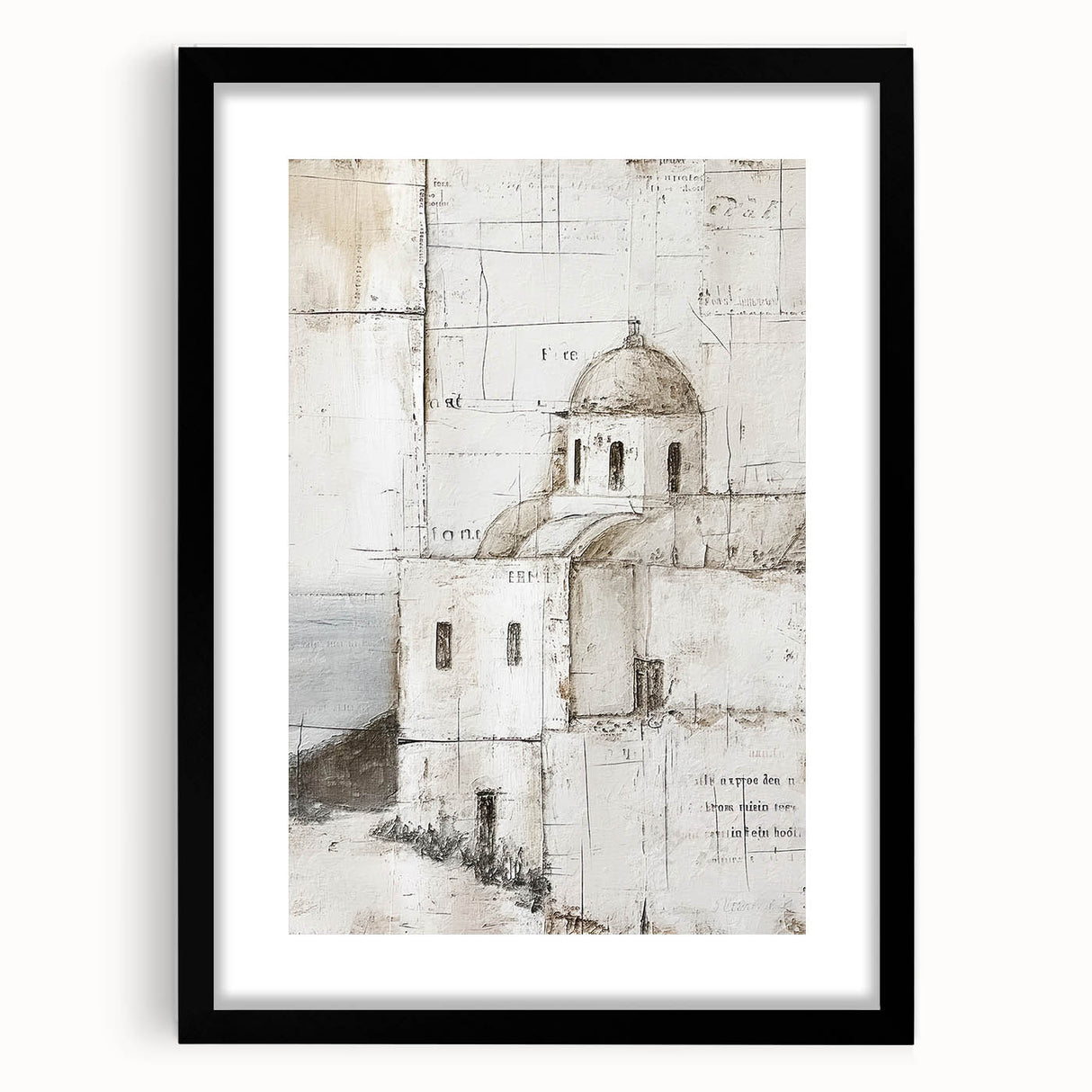 Abstract architectural wall art framed in black, showcasing geometric shapes and lines with a sleek mat. Ideal for modern home decor and artistic interiors.