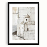 Abstract architectural wall art framed in black, showcasing geometric shapes and lines with a sleek mat. Ideal for modern home decor and artistic interiors.