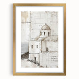 Abstract architectural wall art print framed with a gold mat, showcasing geometric shapes and modern design elements, perfect for contemporary home decor.