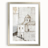 Abstract architectural wall art framed in silver with a mat, displaying geometric shapes and lines in neutral tones, perfect for modern interior decor.