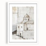 Abstract architecture wall art framed with a white mat, showcasing geometric shapes and lines in soft pastel colors, ideal for modern home decor.