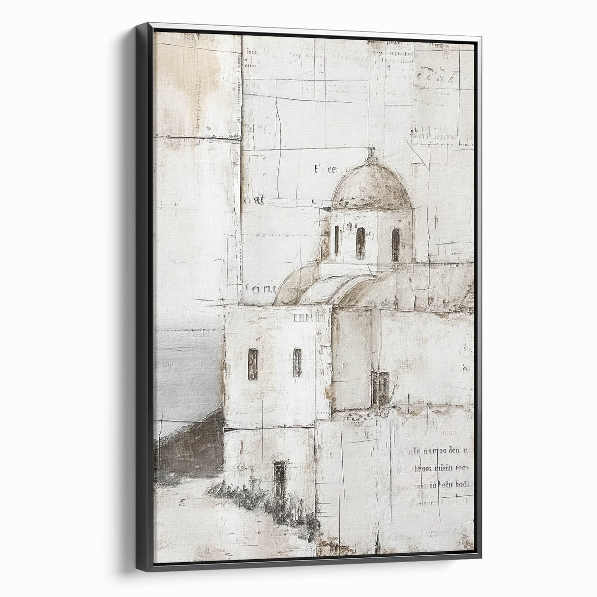 Framed abstract architecture wall art showcasing geometric shapes in black and white, perfect for modern decor. Side view highlights the sleek frame design.