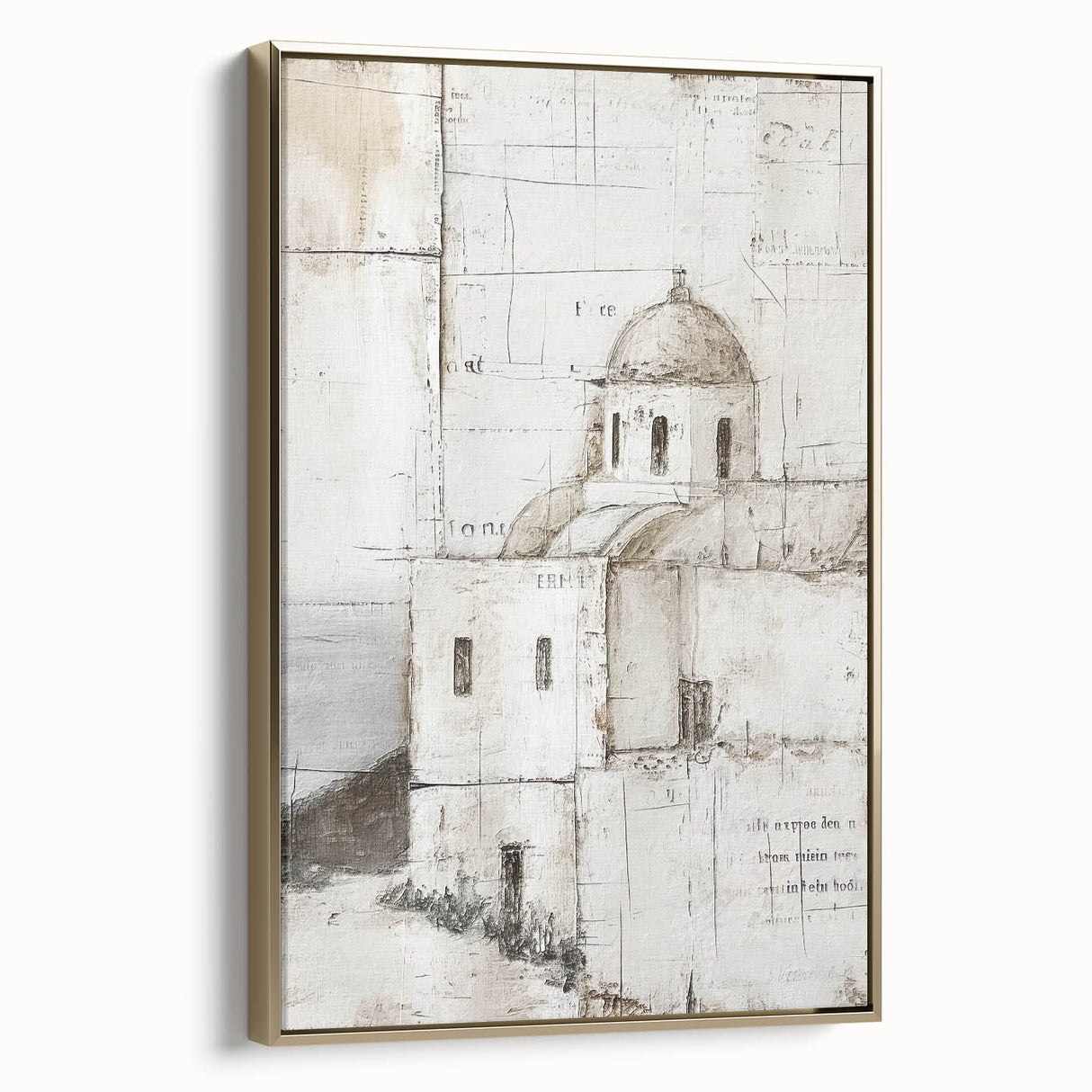 Framed canvas wall art showcasing an abstract architectural design in gold tones, featuring elegant lines and geometric shapes, perfect for modern decor.