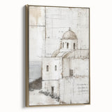 Framed canvas wall art showcasing an abstract architectural design in gold tones, featuring elegant lines and geometric shapes, perfect for modern decor.