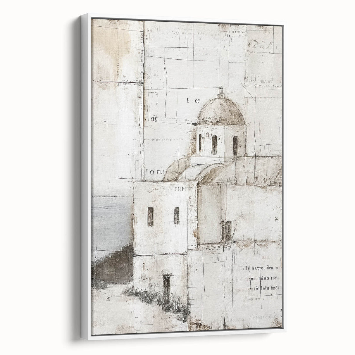Framed abstract architecture wall art featuring geometric patterns in shades of white and gray, set against a minimalist backdrop, perfect for modern decor.