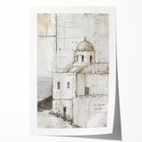 Abstract architecture wall art print showcasing dynamic geometric shapes in vibrant blue, orange, and yellow tones, rolled and ready for stylish home decor.