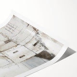 Abstract architectural wall art print showcasing geometric shapes in vibrant blue and orange hues, rolled and ready for framing, highlighting modern design aesthetics.