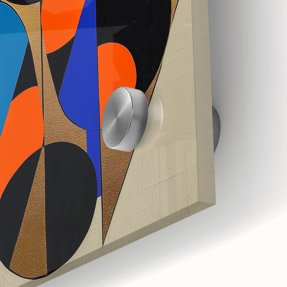 Close-up view of an abstract geometric design on acrylic glass, showcasing vibrant colors and intricate patterns, ideal for modern decor or art projects.
