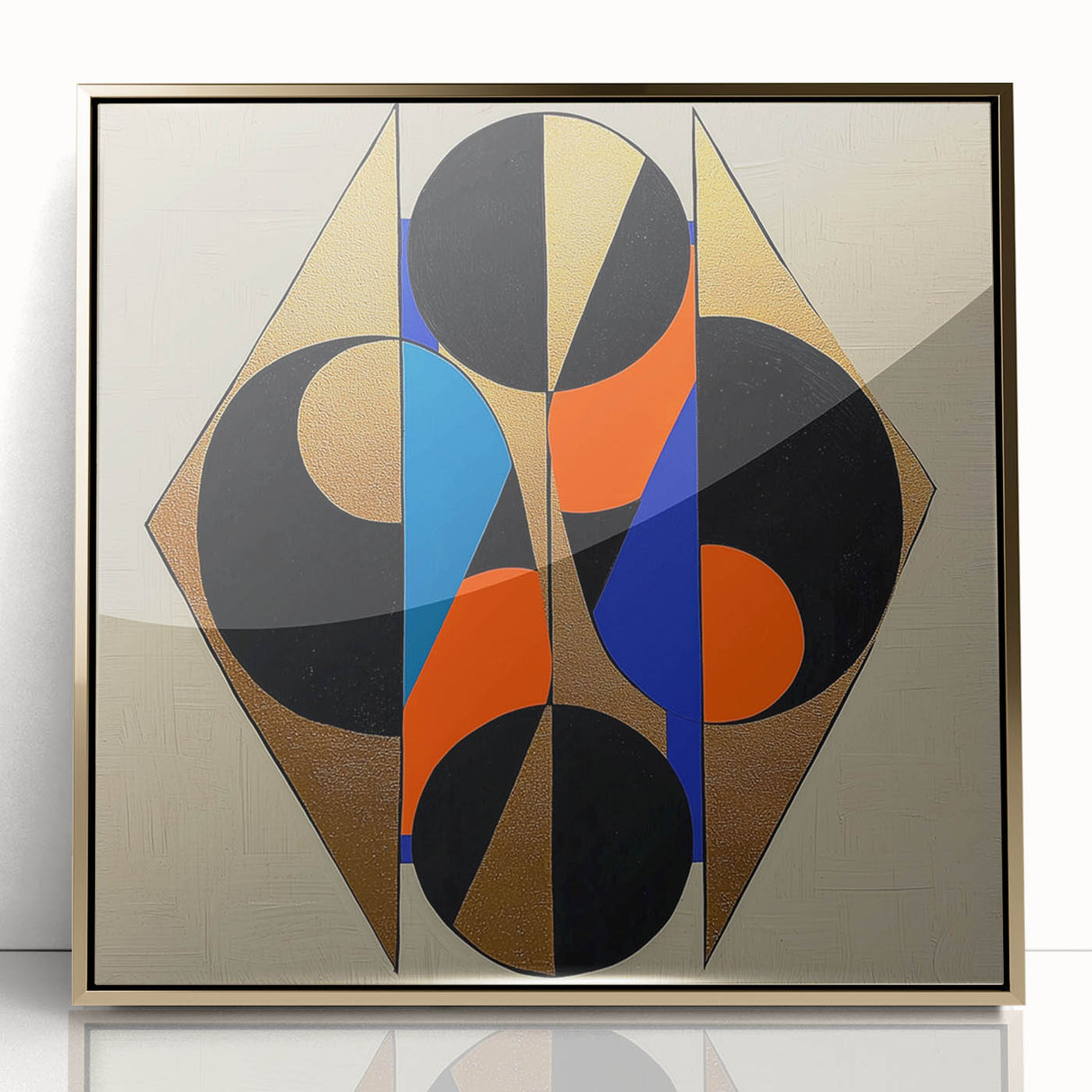 Abstract geometric wall art with a gold-accented frame, showcasing a modern design on acrylic. The vibrant colors and sharp lines create a striking focal point for contemporary decor. Perfect for adding a touch of elegance to living spaces or offices.