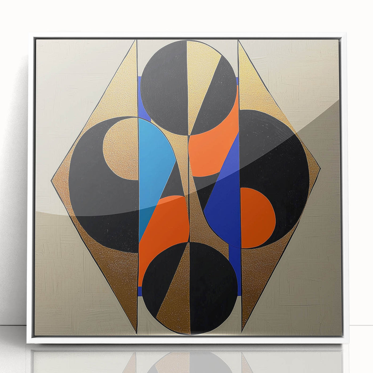 Abstract geometric framed acrylic artwork showcasing vibrant colors and unique shapes, perfect for modern home decor. The piece features a white frame, adding elegance and a contemporary touch to any setting. Ideal for art enthusiasts and interior design lovers.
