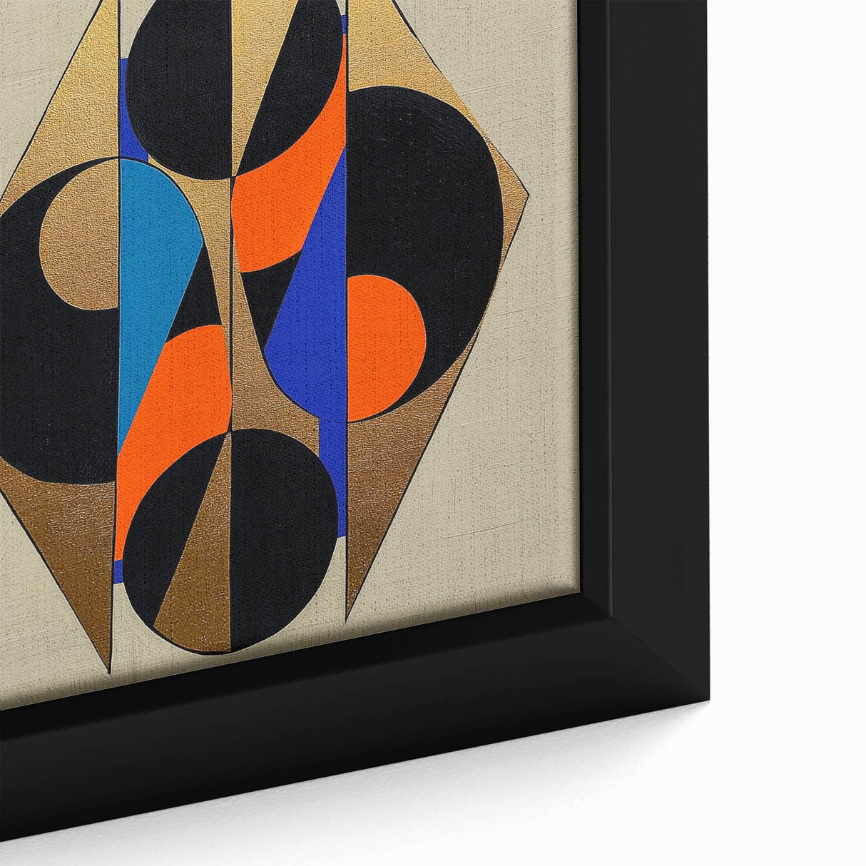 Abstract geometric framed canvas artwork showcasing vibrant colors and intricate patterns, ideal for modern home decor. The close-up highlights the texture and detail of the design, emphasizing its artistic appeal for contemporary settings.