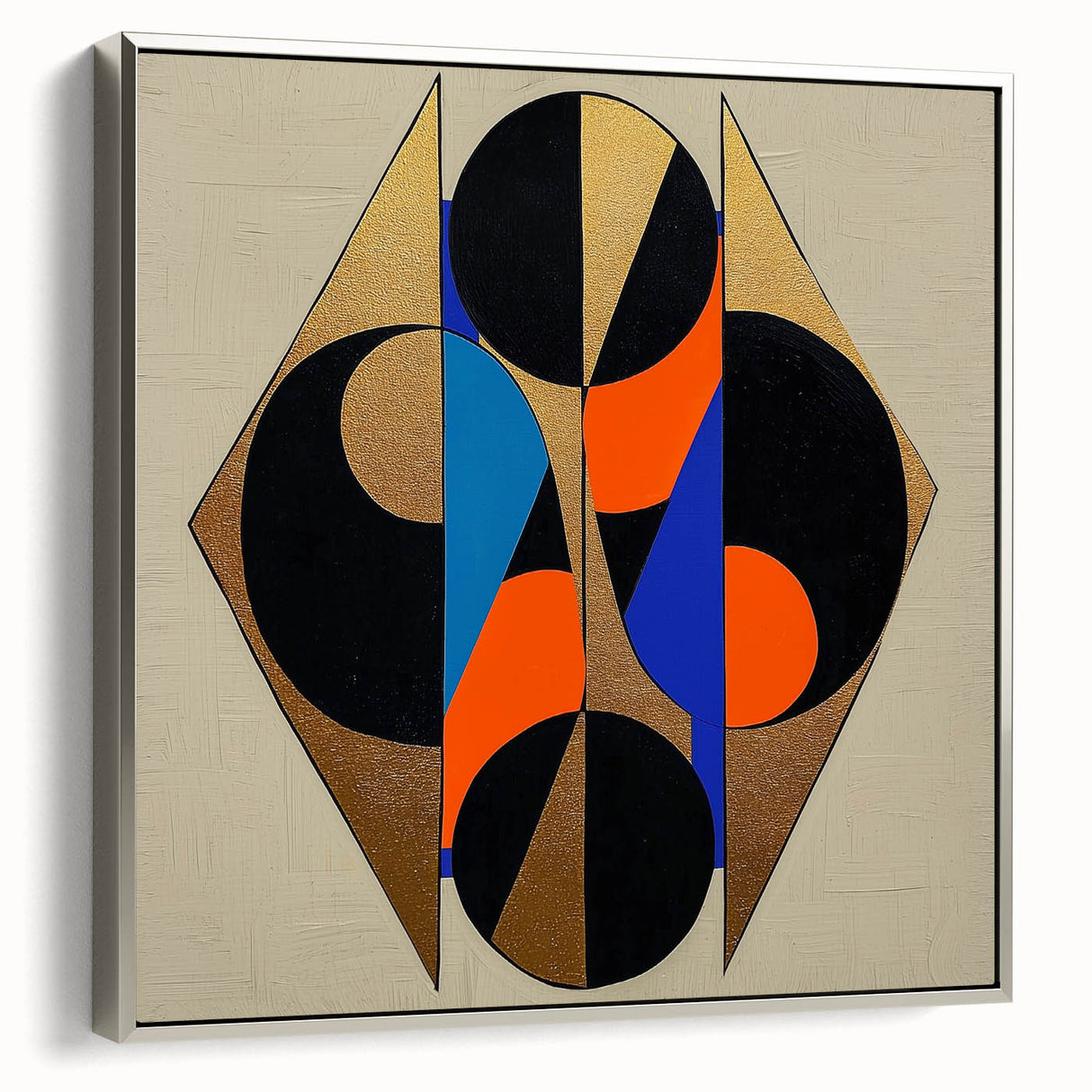 Abstract geometric framed canvas artwork showcasing a sleek silver frame and intricate patterns, ideal for modern home decor. Perfect for adding a contemporary touch to any room.