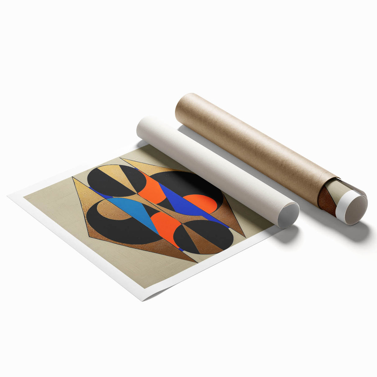 Abstract geometric rolled print showcasing vibrant blue and orange shapes, designed for modern home decor. Packaged securely in a durable cardboard tube for safe delivery.