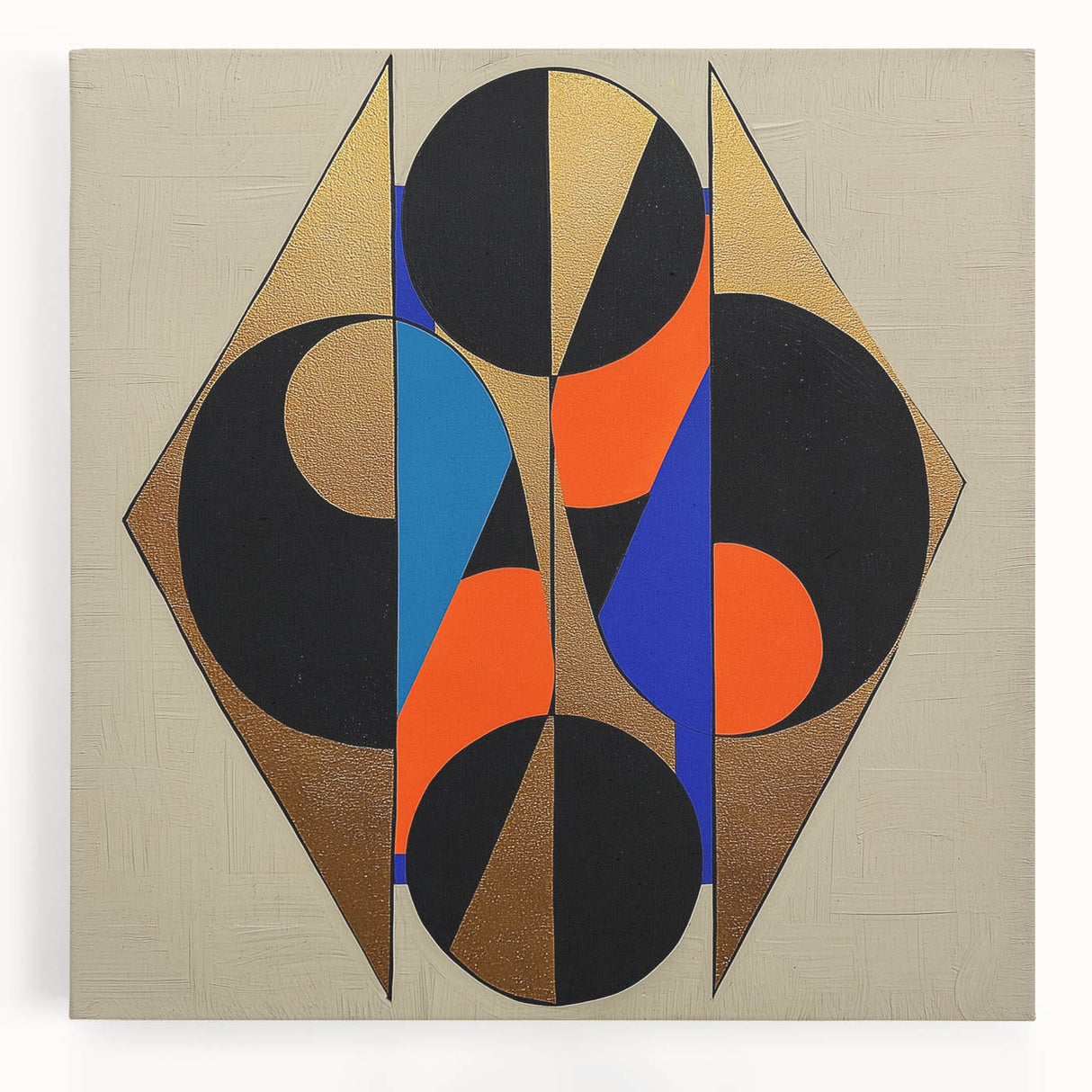 Abstract geometric stretched canvas artwork showcasing vibrant blue and gold hues, ideal for modern home decor, enhancing contemporary interior spaces.