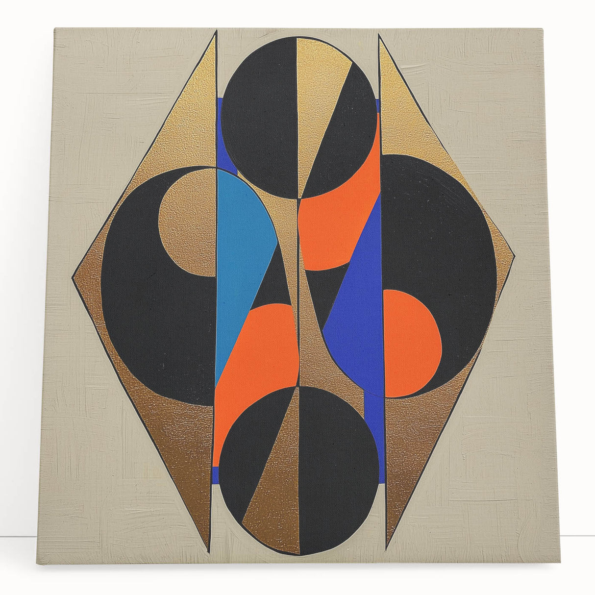 Abstract geometric canvas artwork showcasing vibrant colors and dynamic shapes, elegantly leaning against a wall, ideal for modern home decor.