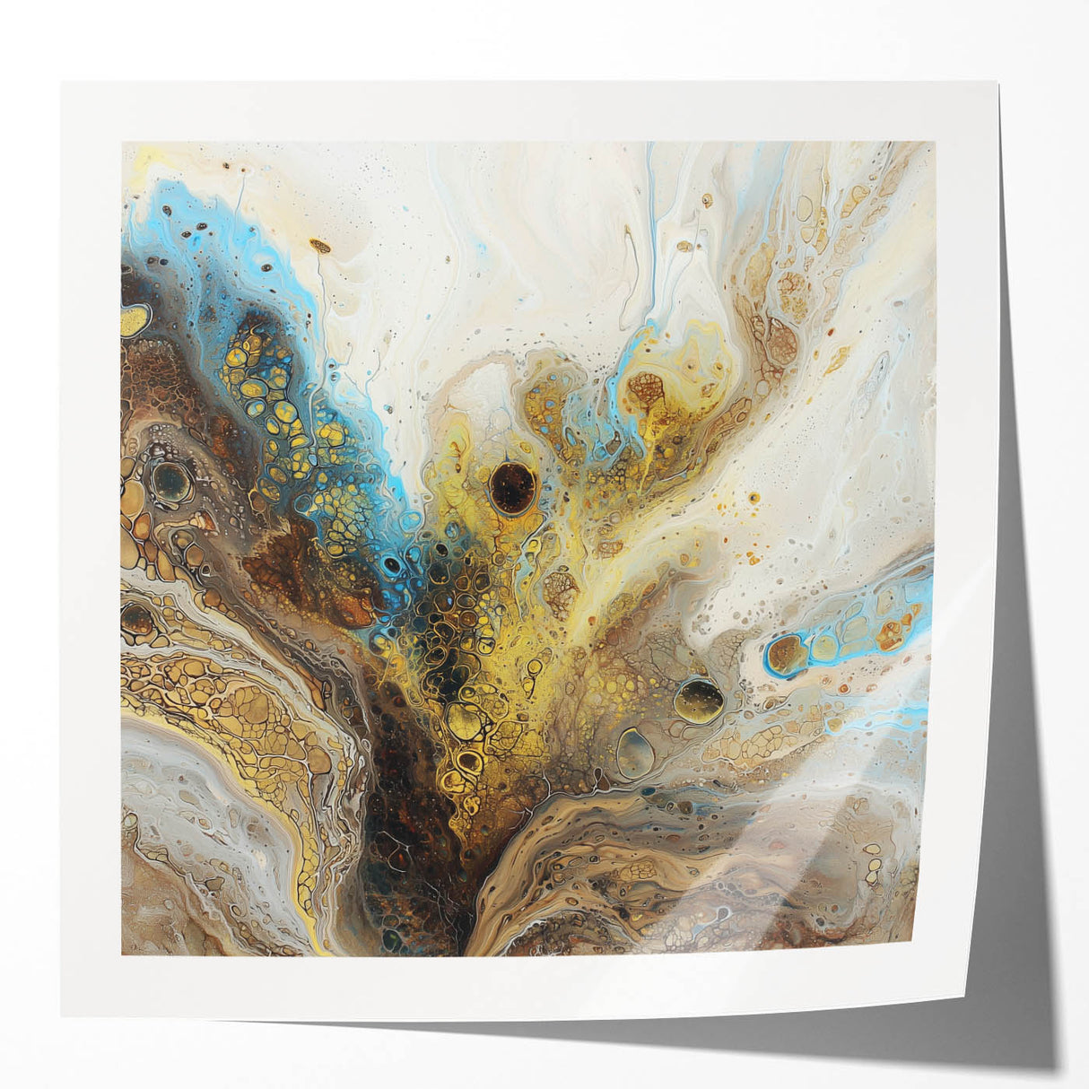 Abstract splatter art print mockup showcasing vibrant colors on a glossy surface, ideal for modern home decor or art display, emphasizing creative design.