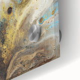 Close-up of vibrant abstract acrylic splatters on glass, showcasing a colorful blend of blues, oranges, and yellows, perfect for modern art decor. Ideal for art enthusiasts seeking unique wall accents.