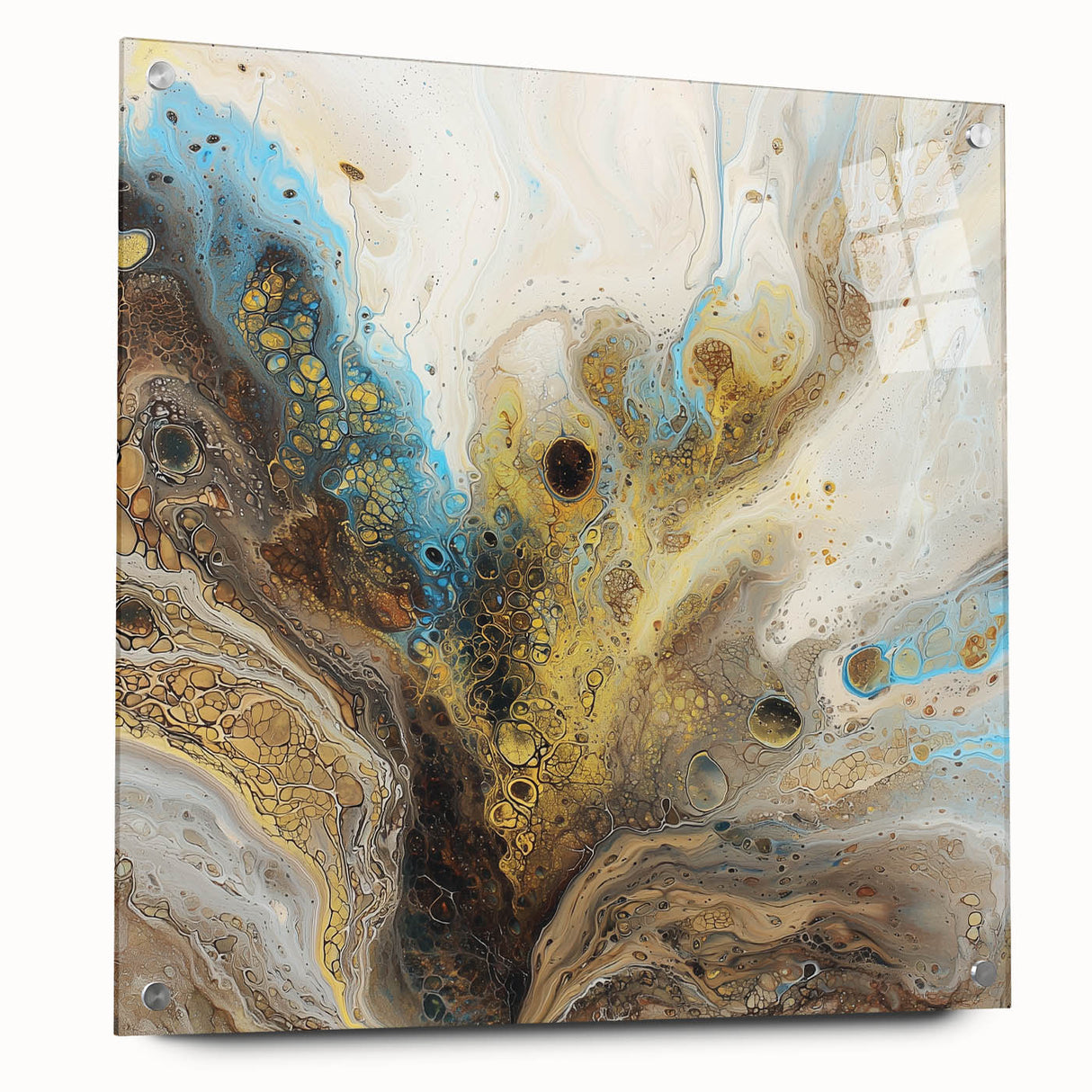 Abstract acrylic splatter artwork displayed on a glass panel, showcasing vibrant colors and dynamic patterns, secured with stylish pins for a modern aesthetic.