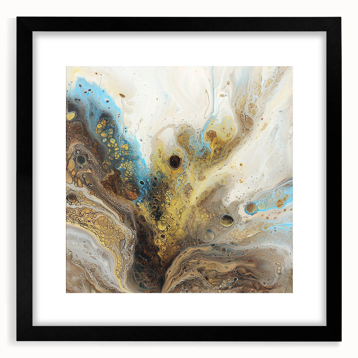 Abstract splatter art frame showcasing a striking black mat, perfect for modern decor. This front view highlights the vibrant colors and unique design, ideal for enhancing any interior space.
