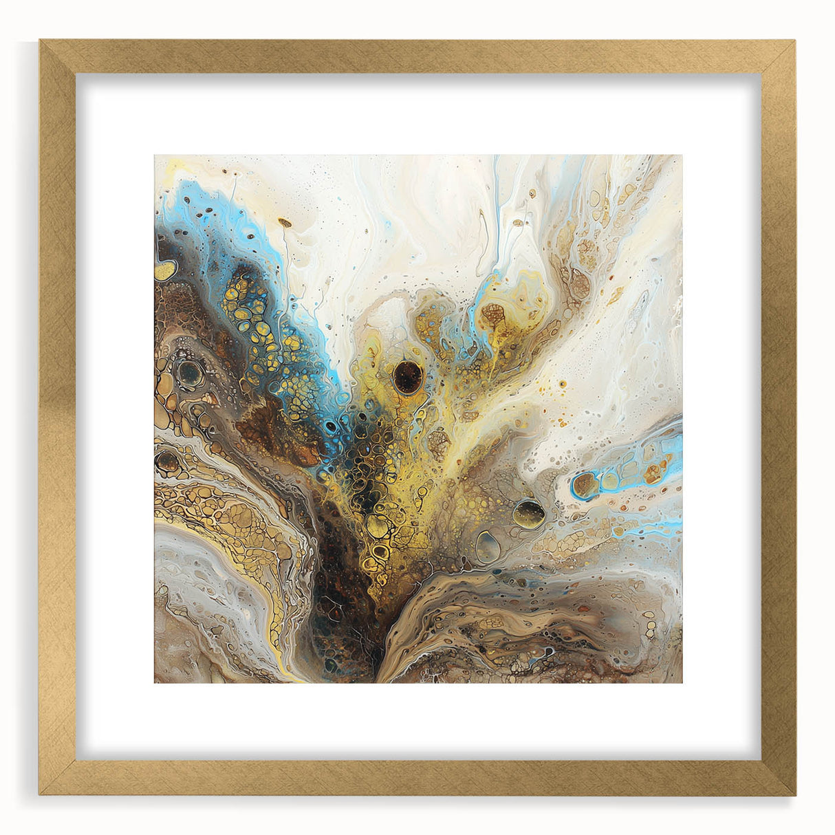 Abstract gold-framed artwork showcasing vibrant splatter designs on a mat background, ideal for modern decor, enhancing aesthetic appeal in any room.
