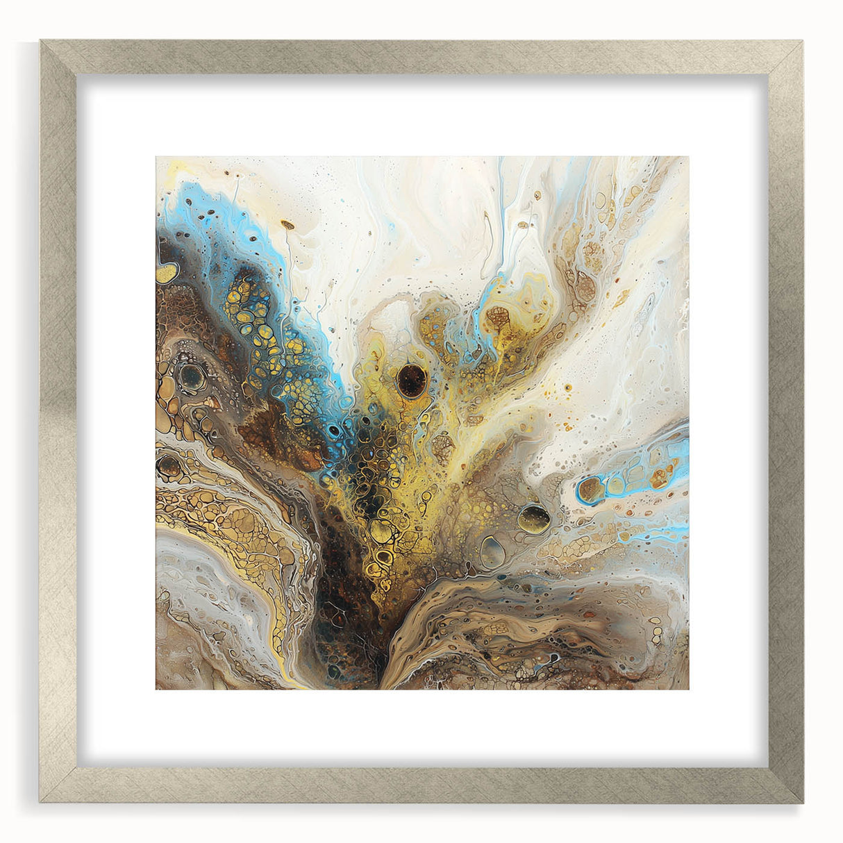 Abstract splatter art frame with a silver mat, showcasing vibrant colors and dynamic patterns, perfect for modern home decor or art enthusiasts.